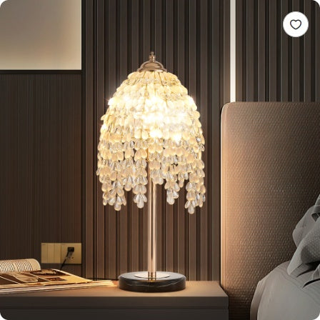 19 Elegant Crystal Table Lamp Vintage Waterfall Design With Teardrop Grape Crystal Bead String Shades And Marble Textured Base For Living Room, Bedroom, Or Office Bulb Not Included