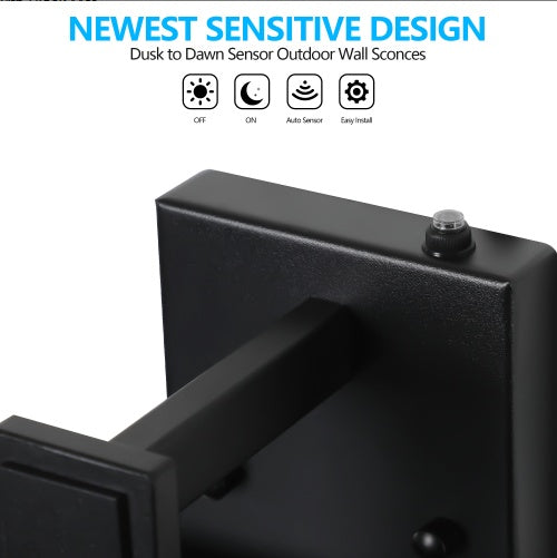 20H Set Of 2 Modern Outdoor Wall Lanterns With Black Metal Frame And Clear Glass, Ambient Light Sensors,Weatherproof Wall Sconces For Porch, Garage, Or Entryway Lighting, E26 Bulb Compatible
