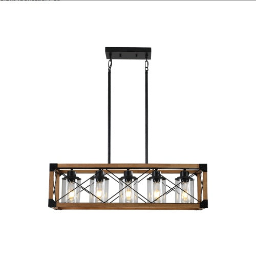 32 Walnut Industrial Farmhouse Rectangle Pendant Light, 5-Light Chandelier With Lampshades For Dining Room, Kitchen Island, Cafe Decor No Bulbs