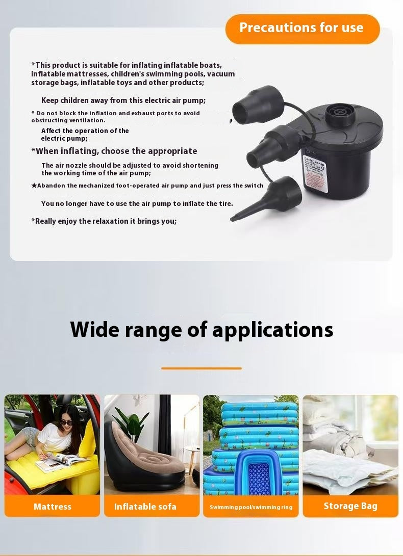 Electric Air For Inflatables, Quick Fill Inflator Deflator With 3 Nozzles Portable Air Mattress For Beds, Pool Floats, Swimming Rings,Outdoor Camping Inflatable,