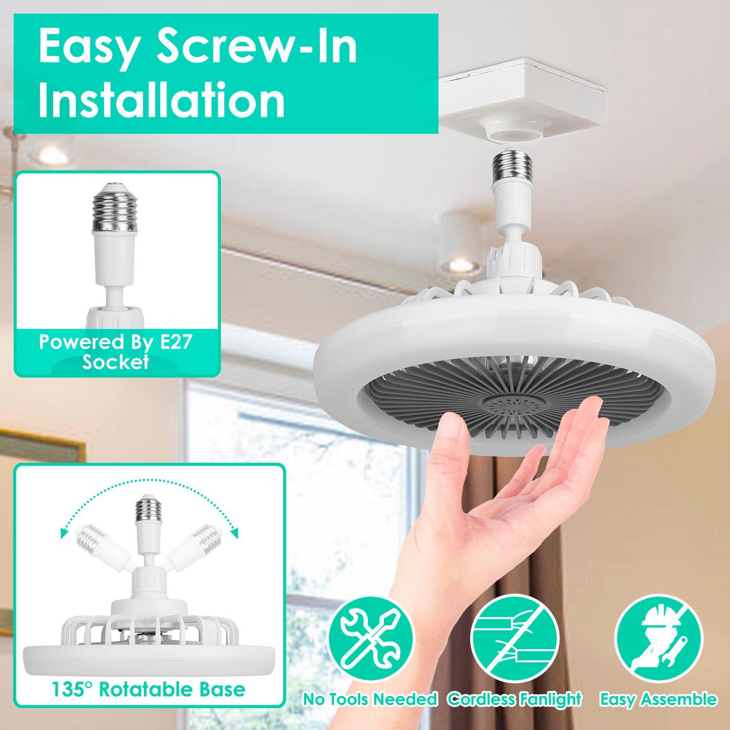 White-Grey Options -- 1Pc Ceiling Fan With Lights Remote Control 9.44in E27 Socket Fanlight With Dimmable Dimming Light Color Brightness 3 Fan Speed Timer Function