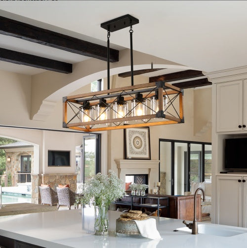 32 Walnut Industrial Farmhouse Rectangle Pendant Light, 5-Light Chandelier With Lampshades For Dining Room, Kitchen Island, Cafe Decor No Bulbs