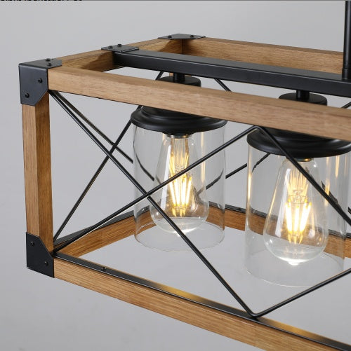 32 Walnut Industrial Farmhouse Rectangle Pendant Light, 5-Light Chandelier With Lampshades For Dining Room, Kitchen Island, Cafe Decor No Bulbs