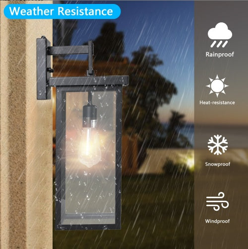 20H Set Of 2 Modern Outdoor Wall Lanterns With Black Metal Frame And Clear Glass, Ambient Light Sensors,Weatherproof Wall Sconces For Porch, Garage, Or Entryway Lighting, E26 Bulb Compatible