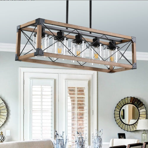 32 Walnut Industrial Farmhouse Rectangle Pendant Light, 5-Light Chandelier With Lampshades For Dining Room, Kitchen Island, Cafe Decor No Bulbs