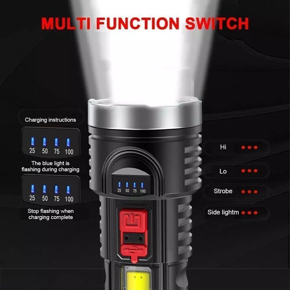 LED Flashlight Torch Rechargeable Work Light Built-in Battery