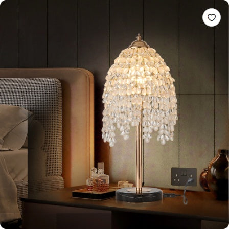 19 Elegant Crystal Table Lamp Vintage Waterfall Design With Teardrop Grape Crystal Bead String Shades And Marble Textured Base For Living Room, Bedroom, Or Office Bulb Not Included