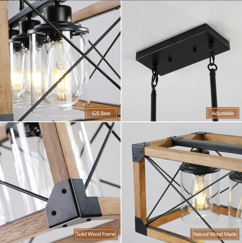 32 Walnut Industrial Farmhouse Rectangle Pendant Light, 5-Light Chandelier With Lampshades For Dining Room, Kitchen Island, Cafe Decor No Bulbs
