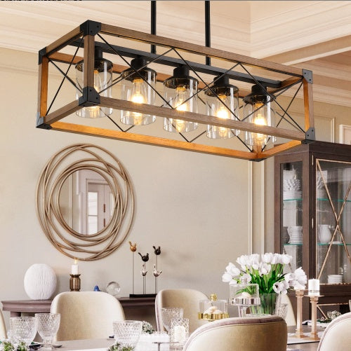 32 Walnut Industrial Farmhouse Rectangle Pendant Light, 5-Light Chandelier With Lampshades For Dining Room, Kitchen Island, Cafe Decor No Bulbs