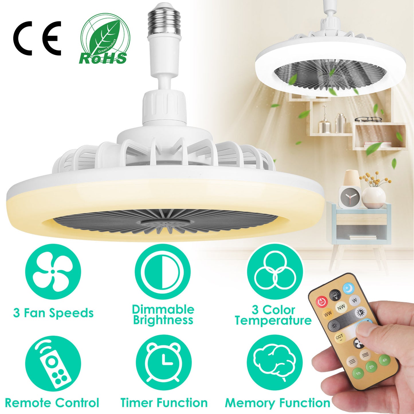 White-Grey Options -- 1Pc Ceiling Fan With Lights Remote Control 9.44in E27 Socket Fanlight With Dimmable Dimming Light Color Brightness 3 Fan Speed Timer Function