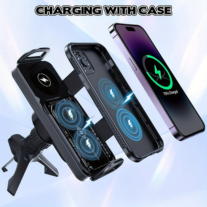 Car Universal Mobile Phone Holder 15W Wireless Fast Charging 2 In 1 Automatic Rotating Magnetic Mobile Phone Holder Car Air Outlet Holder, Automatic Clamping Automatic Rotating 90  Air Outlet Holder