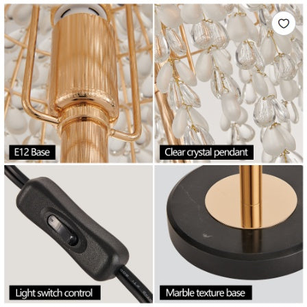 19  Elegant Crystal Table Lamp   Vintage Waterfall Design With Teardrop Grape Crystal Bead String Shades And Marble Textured Base For Living Room, Bedroom, Or Office  Bulb Not Included