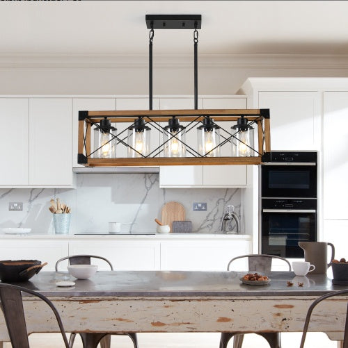 32 Walnut Industrial Farmhouse Rectangle Pendant Light, 5-Light Chandelier With Lampshades For Dining Room, Kitchen Island, Cafe Decor No Bulbs