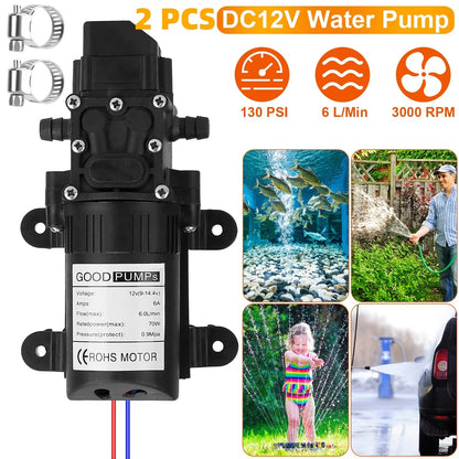 12V Water With 2 Hose Clamps 130PSI Self Priming Sprayer 70W Electric Diaphragm Water 6L Min For RV Camper Marine Boat