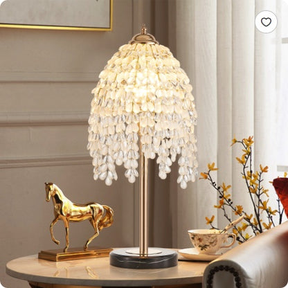 19  Elegant Crystal Table Lamp   Vintage Waterfall Design With Teardrop Grape Crystal Bead String Shades And Marble Textured Base For Living Room, Bedroom, Or Office  Bulb Not Included