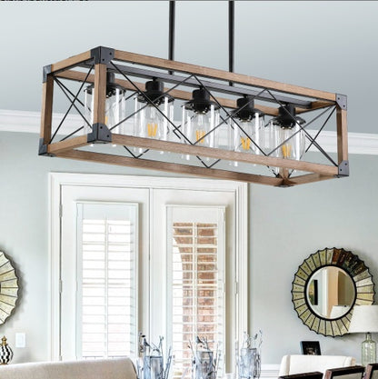 32 Walnut Industrial Farmhouse Rectangle Pendant Light, 5-Light Chandelier With Lampshades For Dining Room, Kitchen Island, Cafe Decor No Bulbs