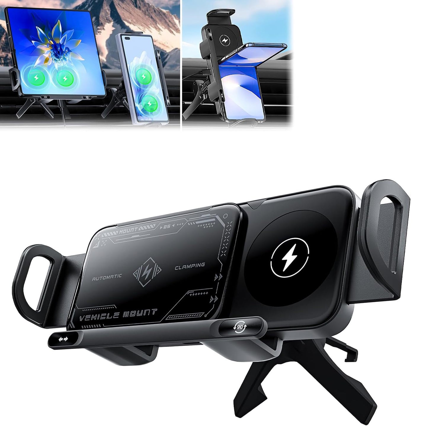 Car Universal Mobile Phone Holder 15W Wireless Fast Charging 2 In 1 Automatic Rotating Magnetic Mobile Phone Holder Car Air Outlet Holder, Automatic Clamping Automatic Rotating 90  Air Outlet Holder